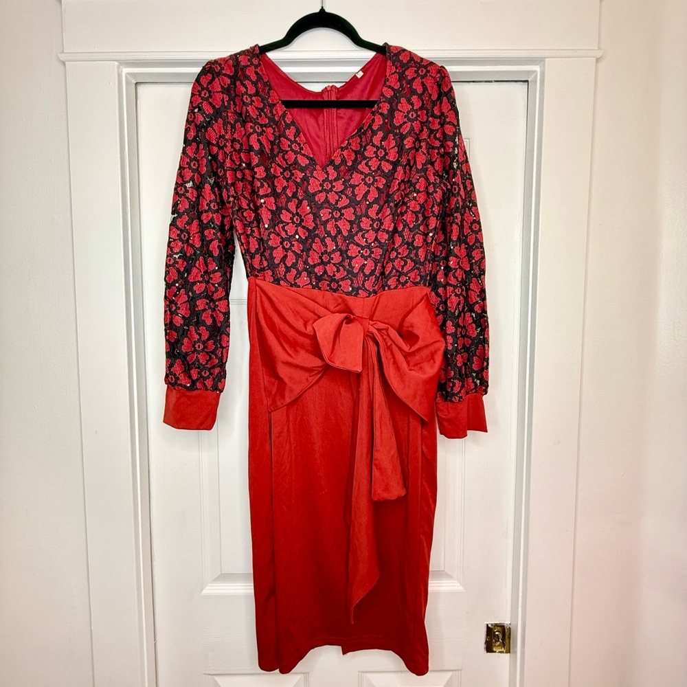 Elegant Red Floral Holiday Christmas Dress